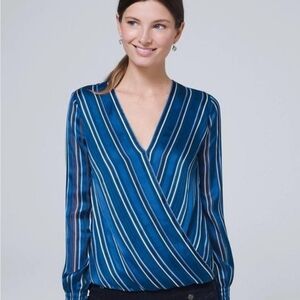 White House Black Market Bubble Hem Blue Striped V-Neck Faux Wrap Top Large